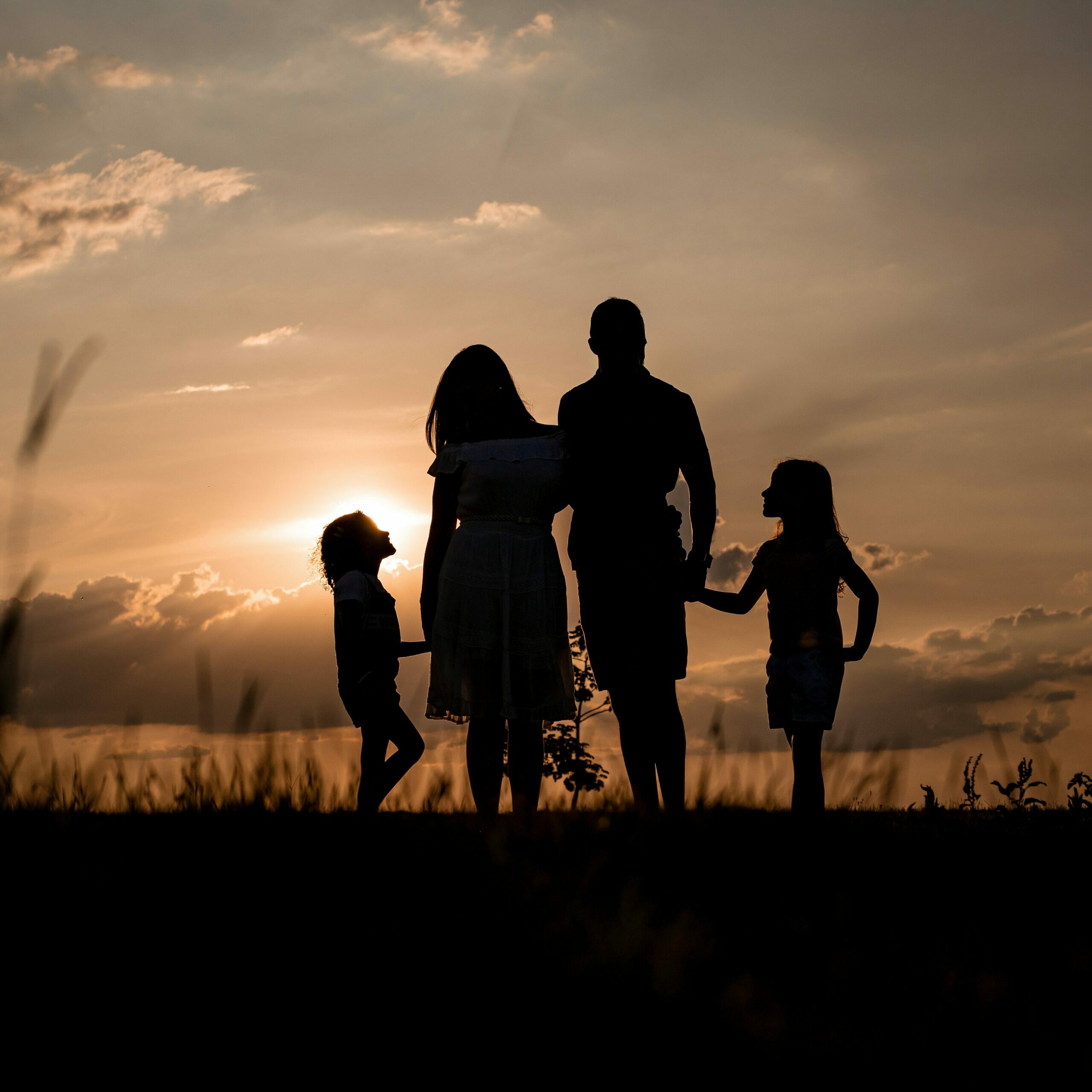 une famille composée de deux parents et de deux enfants de dos, devant un coucher de soleil. Cela illustre le fait d'écrire sur un chapitre important de sa vie et le prix d'un tel ouvrage.